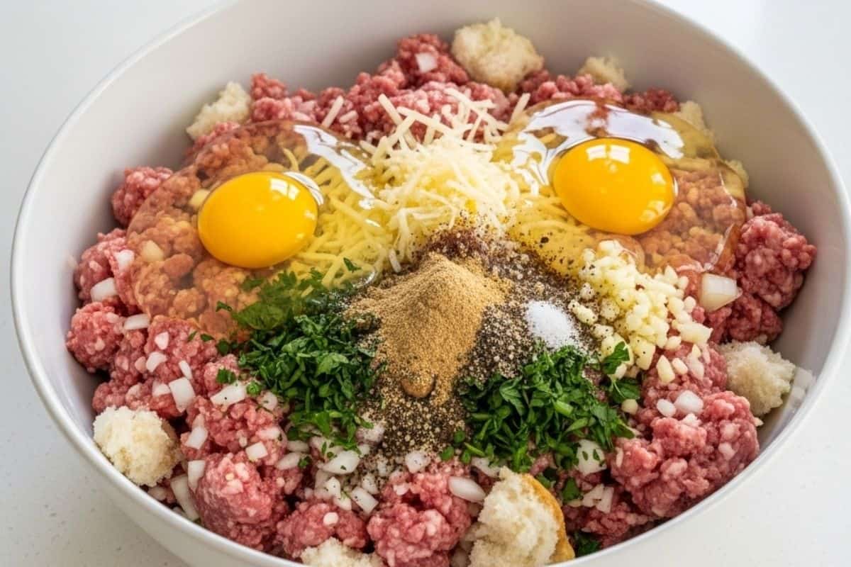 Add all of the meatball ingredients in the bowl with the soaked bread and mix well.