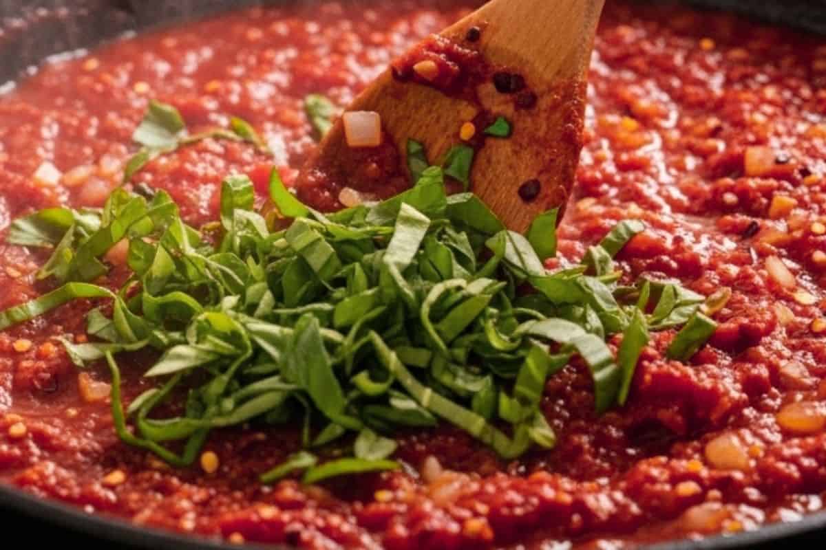 Stir in tomato puree, water, tomato paste, basil, oregano, chili flakes, salt, and pepper and bring to a simmer.