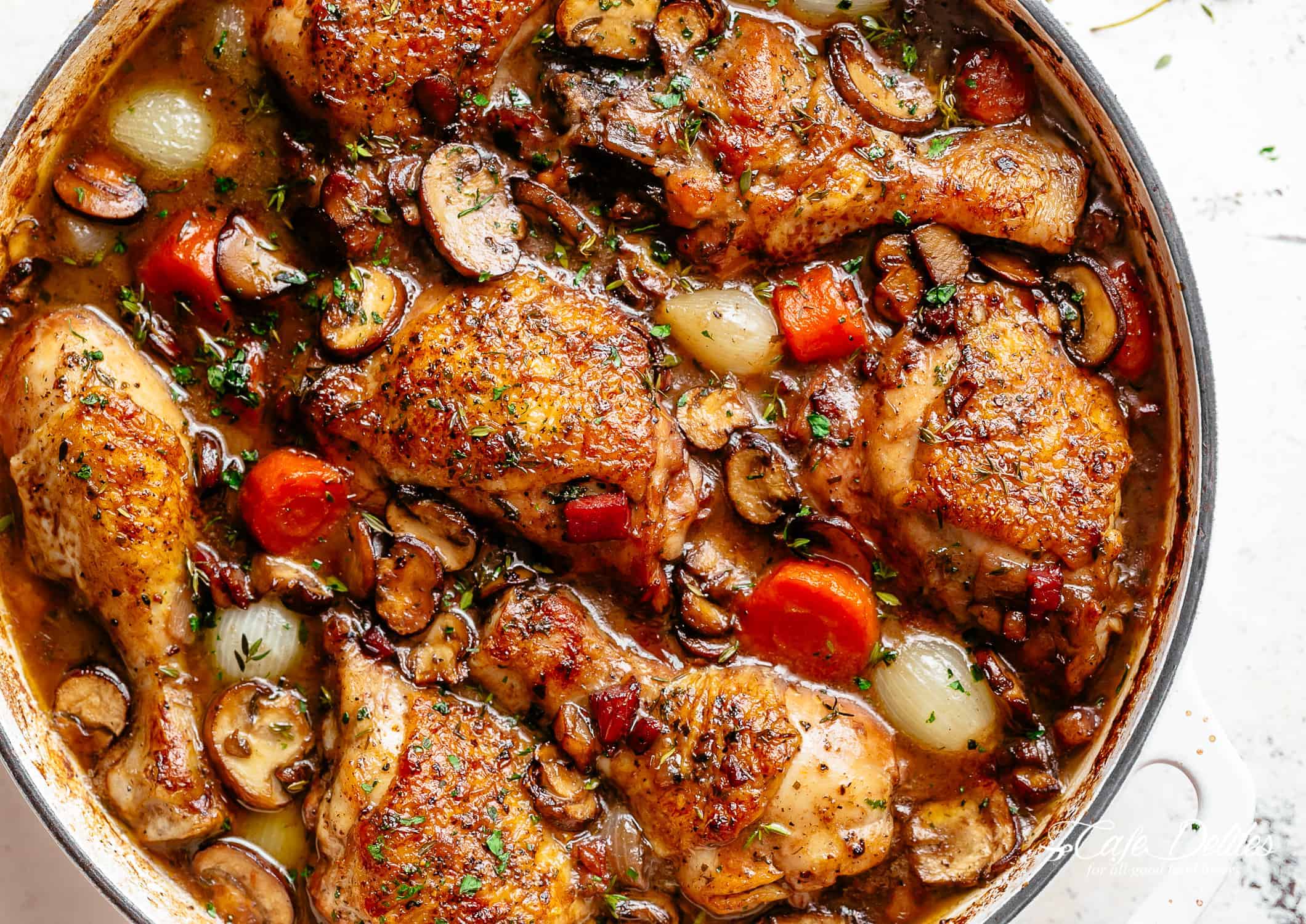 Coq Au Vin in a huge pan