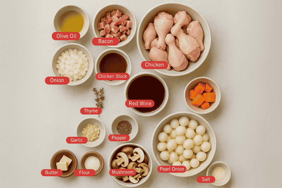 Flat lay ingredient shot of olive oil, bacon, chicken, onion, chicken stock, red wine, thyme, garlic, pepper, butter, flour, mushroom, pearl onion and salt