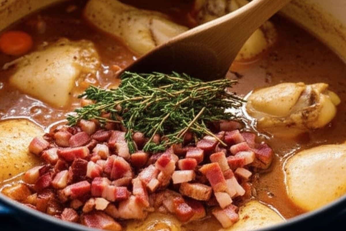 Pour in the red wine, chicken stock and add thyme, chicken and bacon.