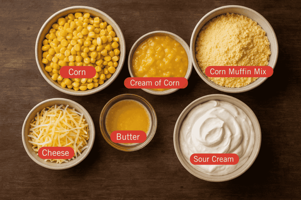 A flatlay image of labeled ingredients for corn casserole, displayed in individual bowls on a wooden surface. The ingredients include corn kernels, creamed corn, corn muffin mix, shredded cheese, melted butter, and sour cream