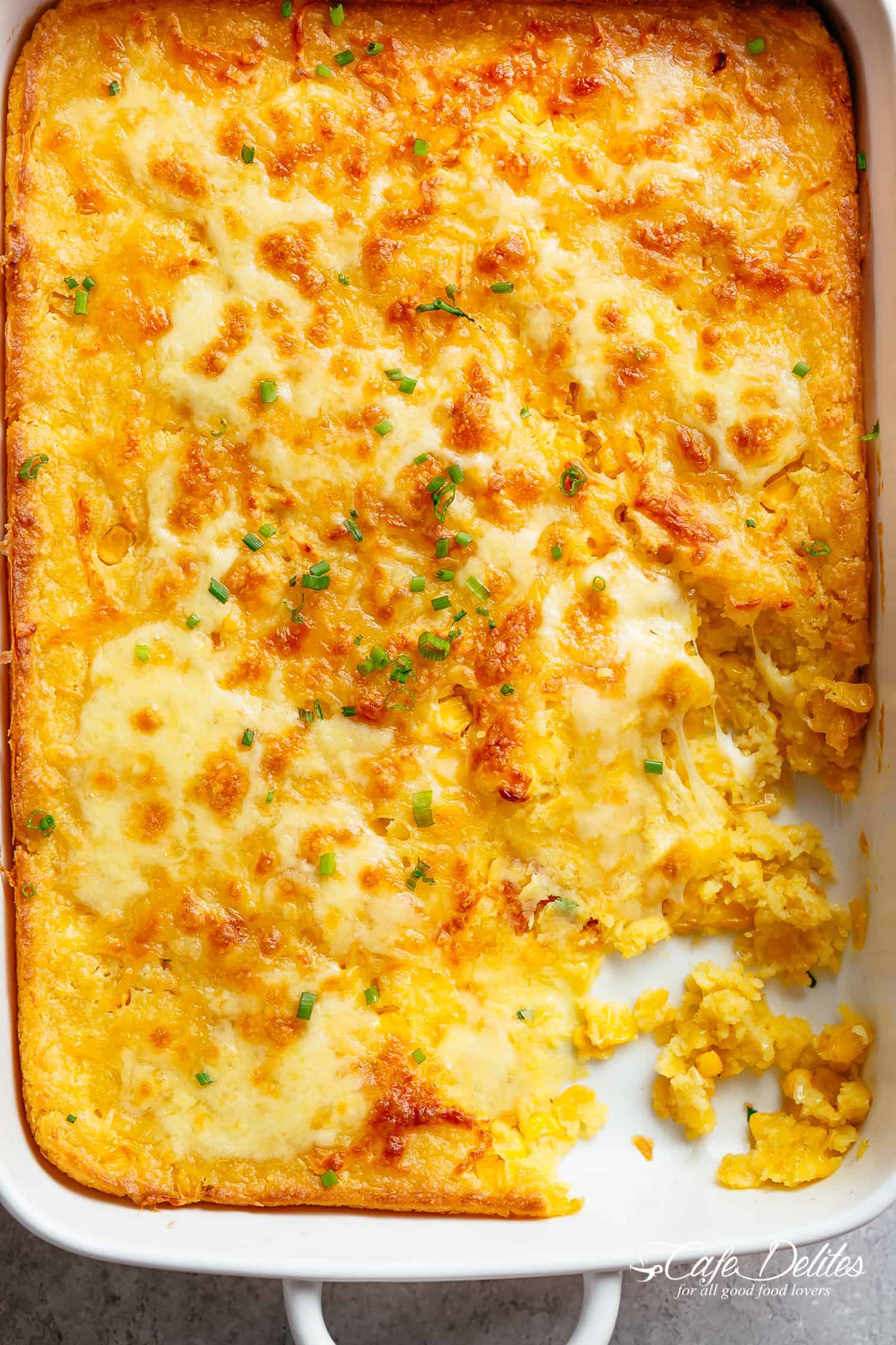 Corn Casserole baked in a casserole dish is an easy Thanksgiving side dish.