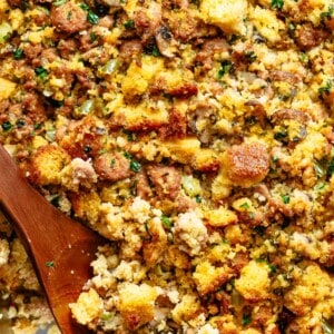 Cornbread Dressing Recipe with wooden spoon