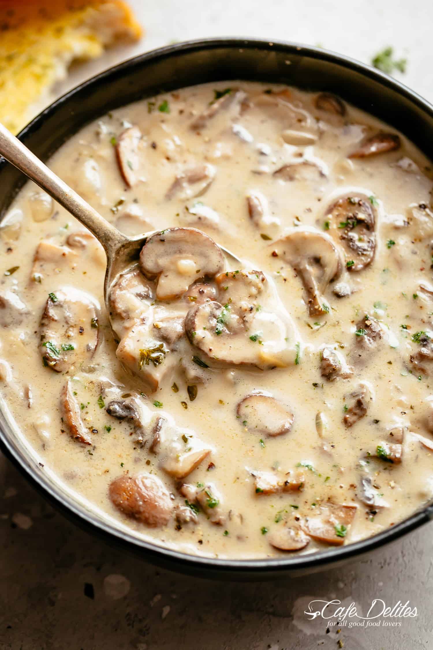 Cream of Mushroom Soup in a bowl | cafedelites.com