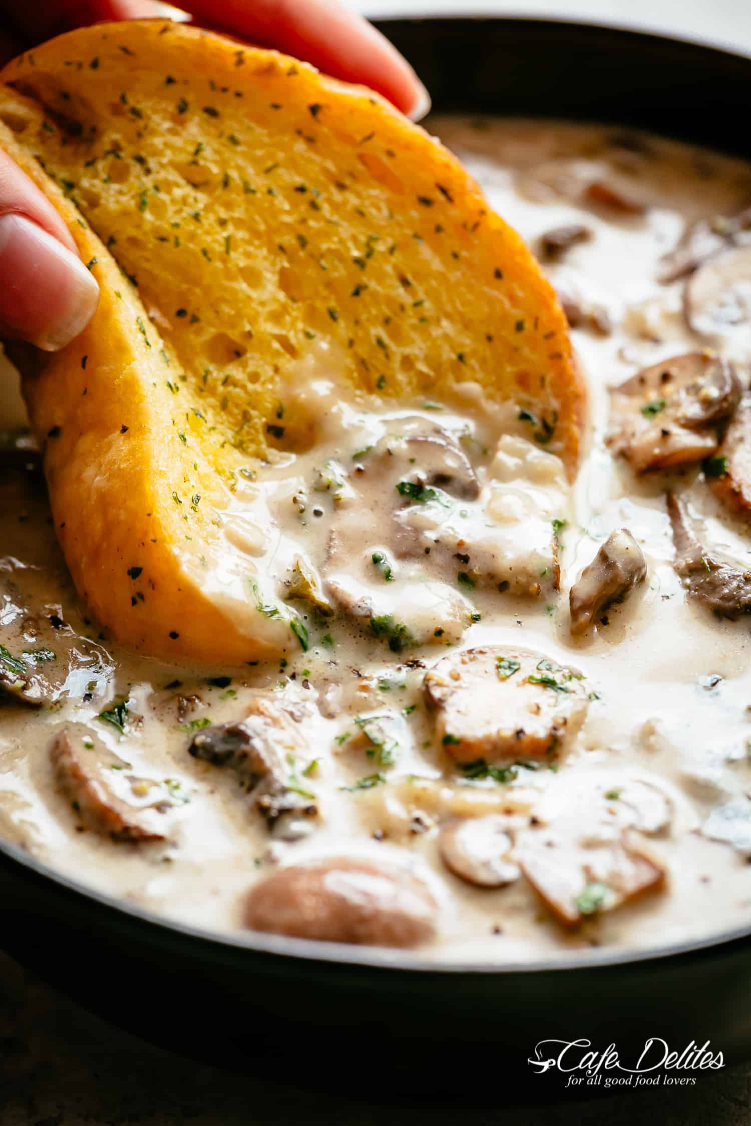 Homemade Cream of Mushroom Soup with garlic bread | cafedelites.com