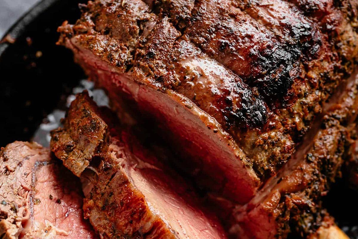Close-up shot of Garlic Herb Prime Rib Roast.