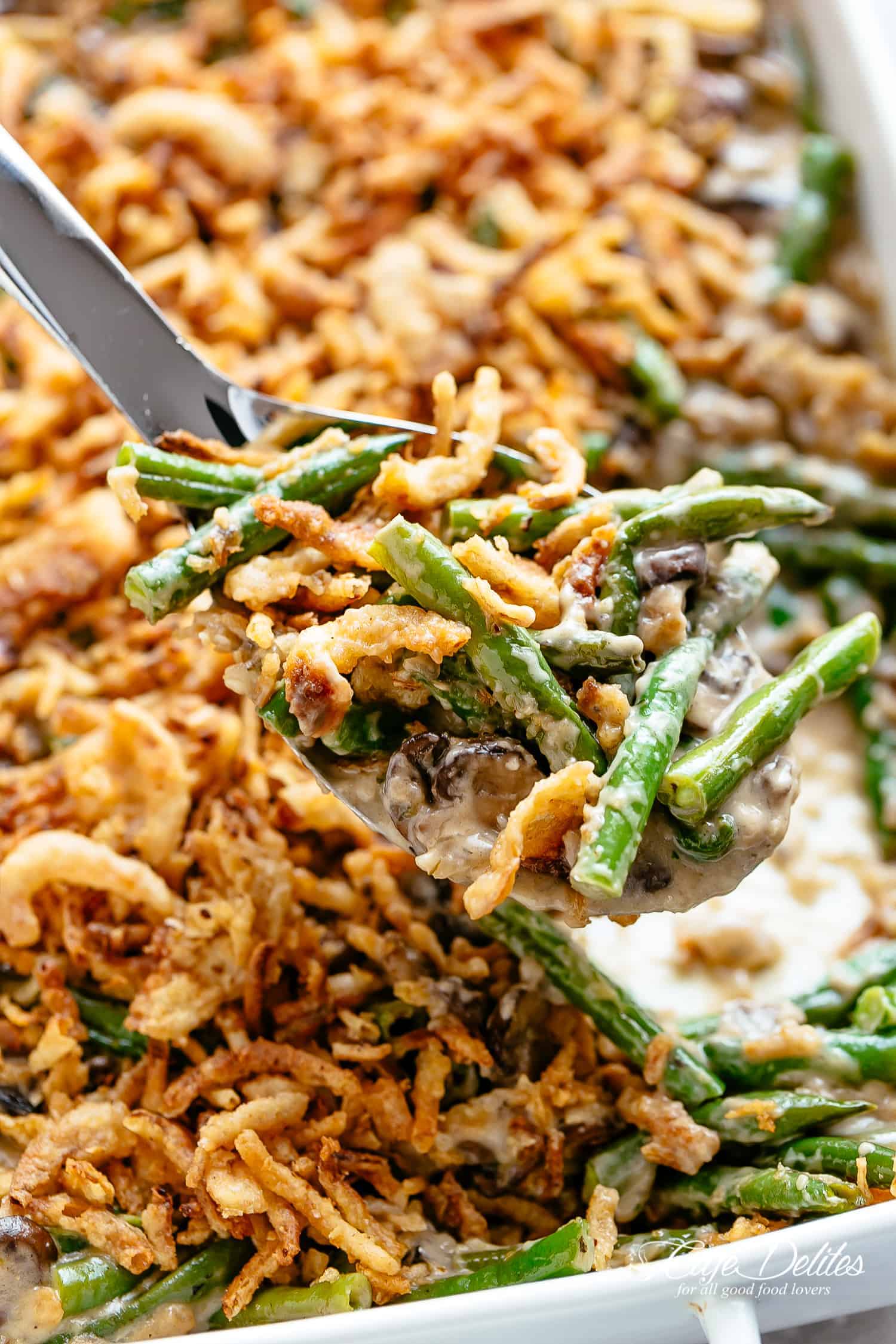 A delicious Green Bean Casserole recipe with homemade cream of mushroom soup and French fr Green Bean Casserole