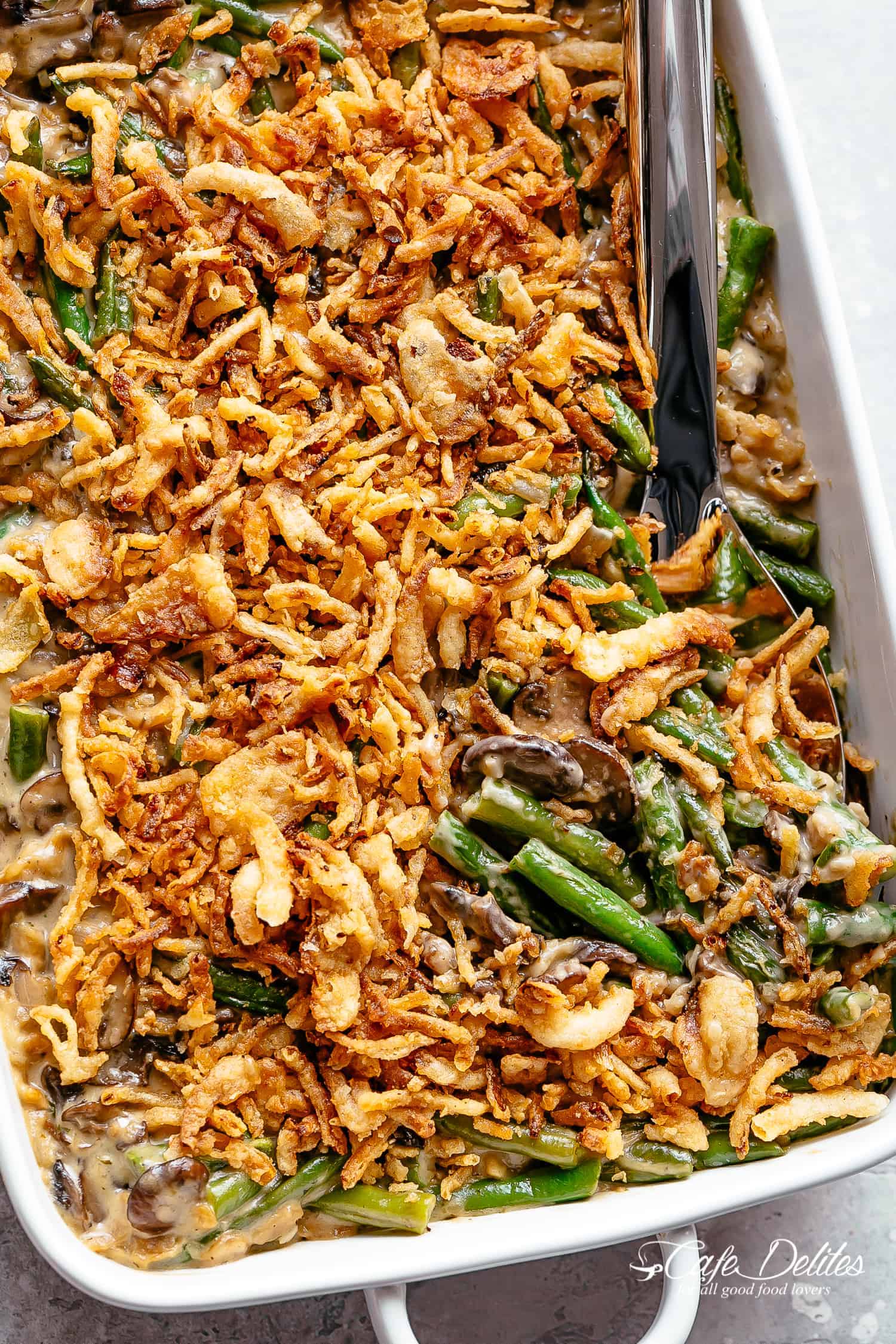 Green Bean Casserole in a baking dish #cafedelites #greenbeancasserole #thanksgiving #greens #sides #sidedish #casserole