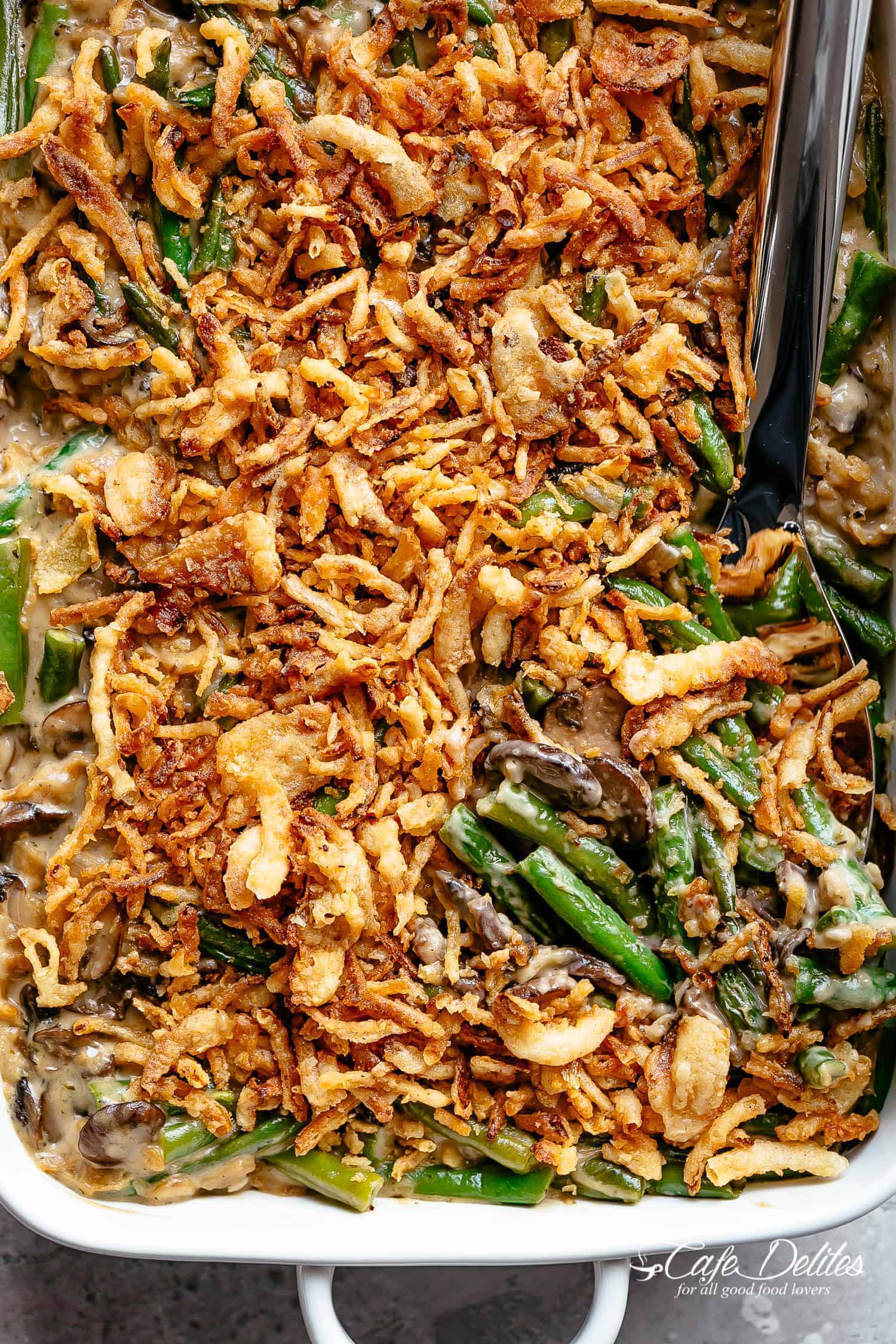 A delicious Green Bean Casserole recipe with homemade cream of mushroom soup and French fr Green Bean Casserole