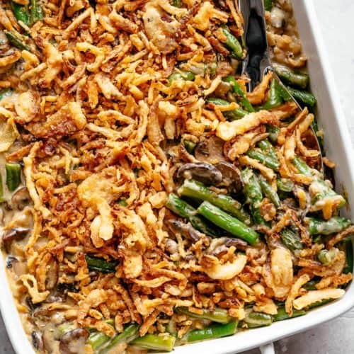 A delicious Green Bean Casserole recipe with homemade cream of mushroom soup and French fr Green Bean Casserole
