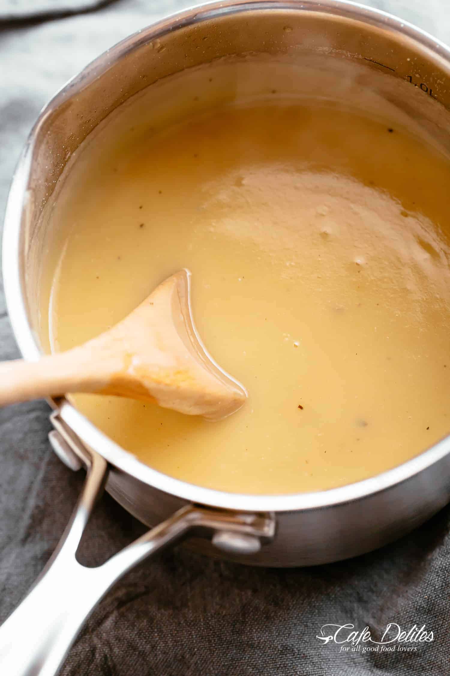 close up of turky gravy in a pot
