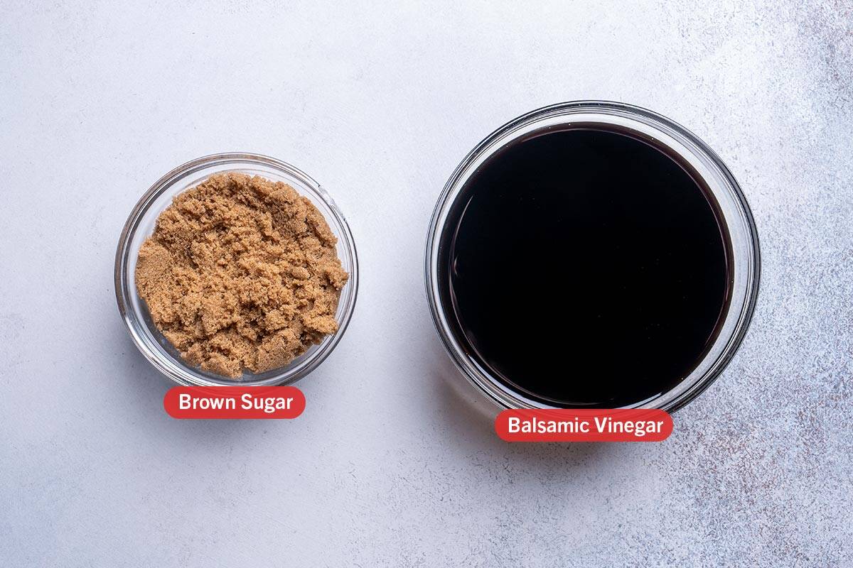 a top down view of ingredients against a white background, brown sugar and balsamic glaze