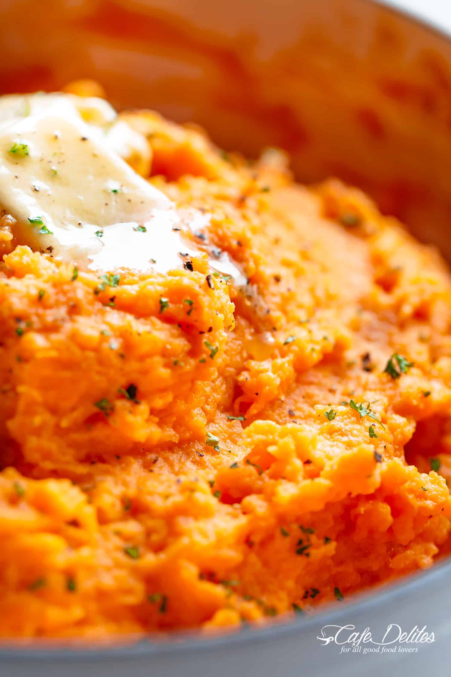 Easy Mashed Sweet Potatoes with butter and sour cream.