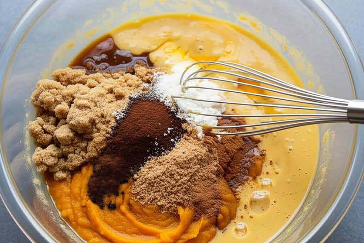 Whisked eggs with light brown sugar, dark brown sugar, white sugar, pumpkin purée, cream , vanilla, ground cinnamon, ginger, cloves, nutmeg, and salt in a large bowl.