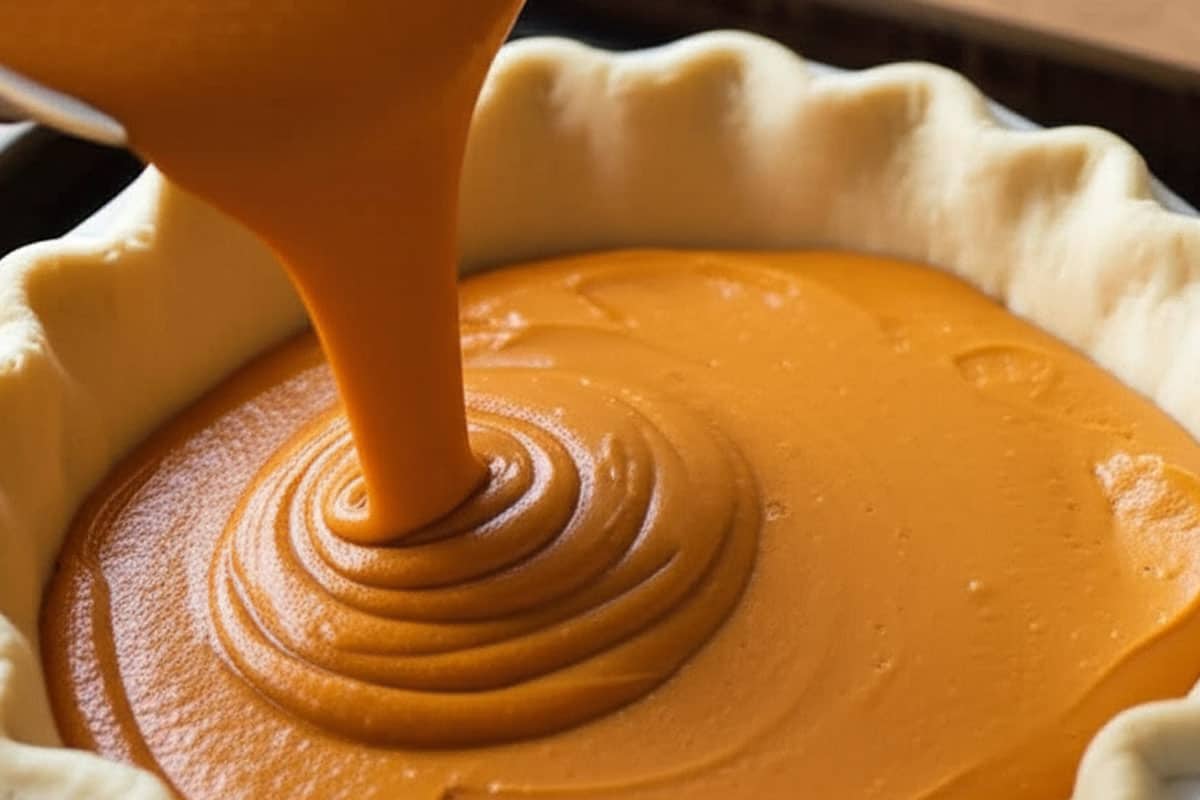 Pumpkin pie filling poured into the pie crust.