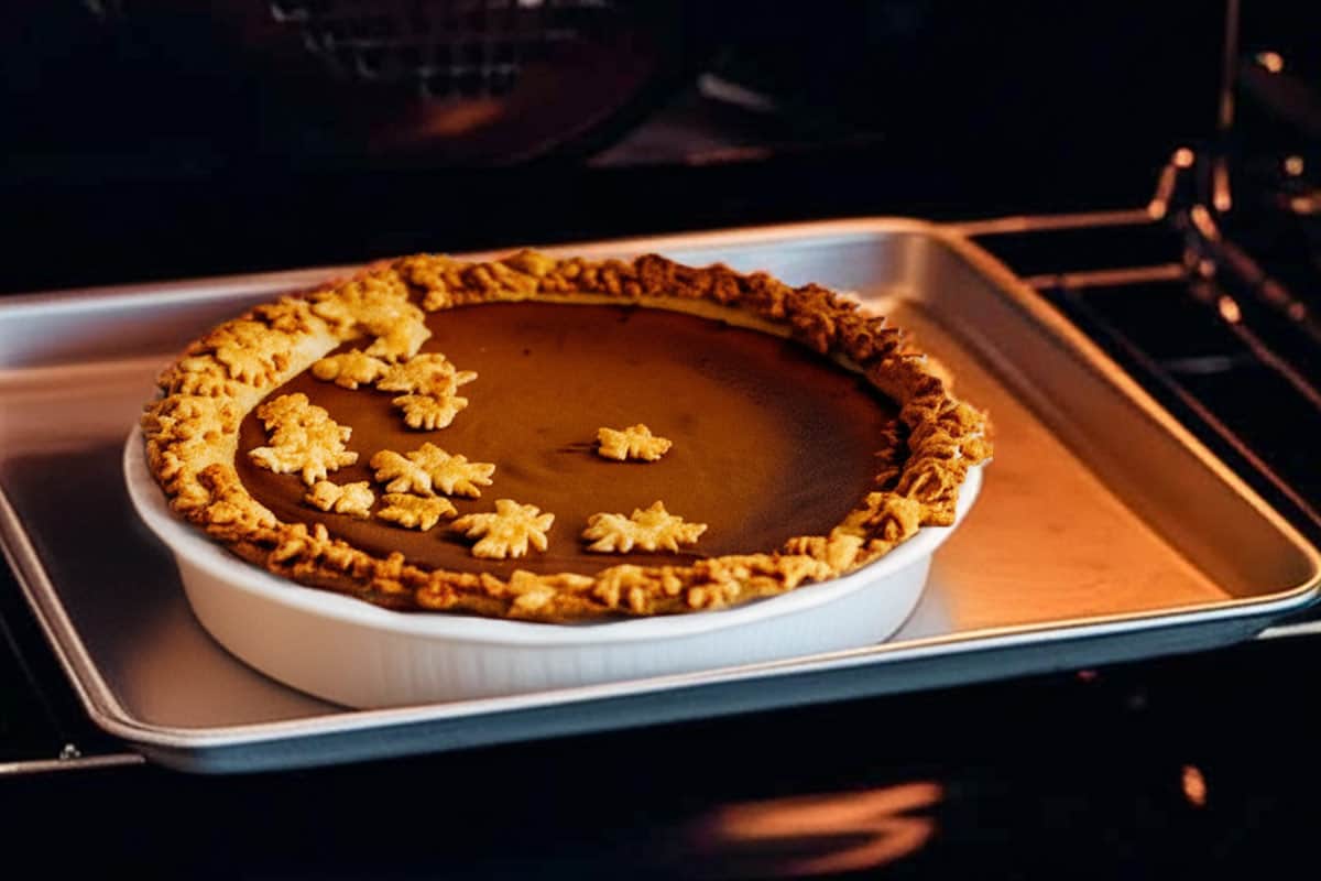 Pumpkin Pie on a baking sheet inside the oven.