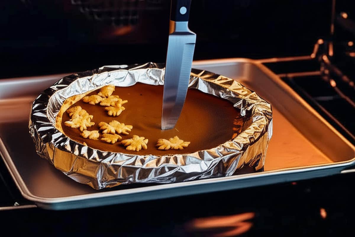 Knife's tip inserted near the center of the pie and the crust edges covered with foil.