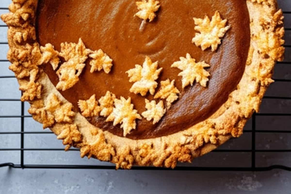 Pumpkin pie on a wire rack.