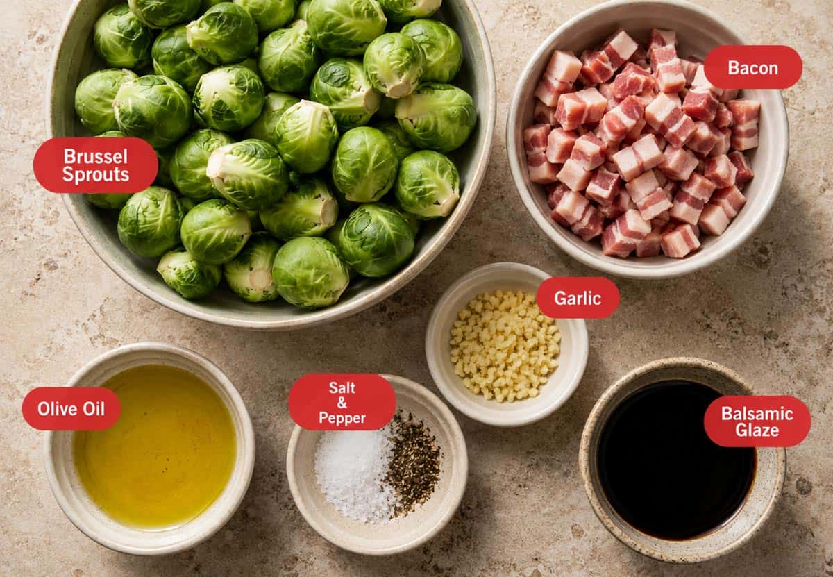 Flat lay photo of ingredient shot of brussel sprouts, bacon, olive oil, salt and pepper, garlic, balsamic glaze.