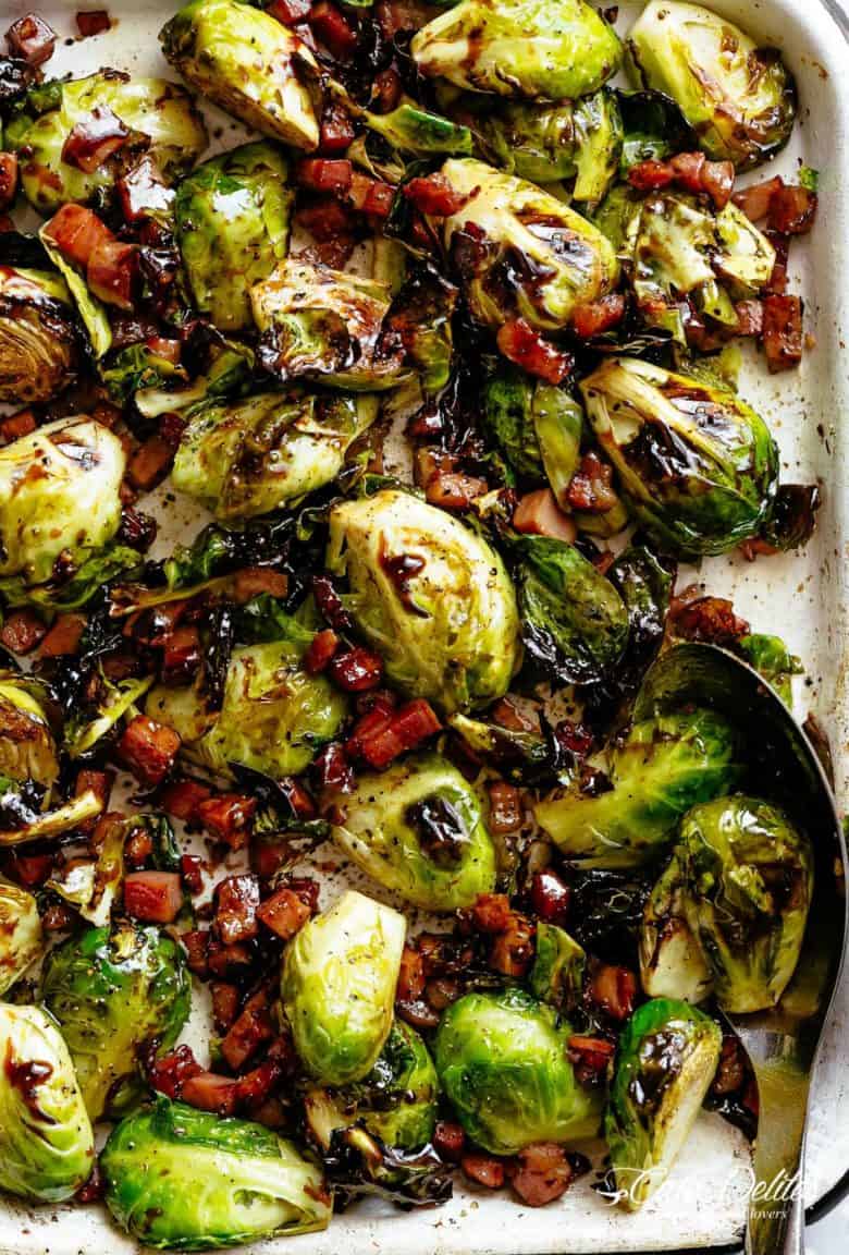 Garlic Roasted Brussels Sprouts with crispy bacon or pancetta, finished off with a balsamic reduction!