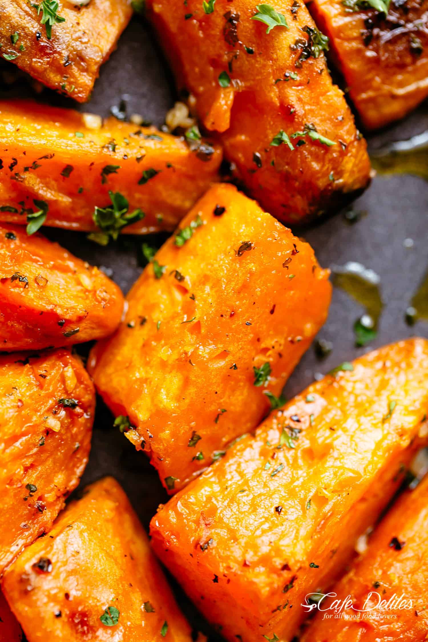 Roasted Sweet Potatoes with garlic, herbs and olive oil.