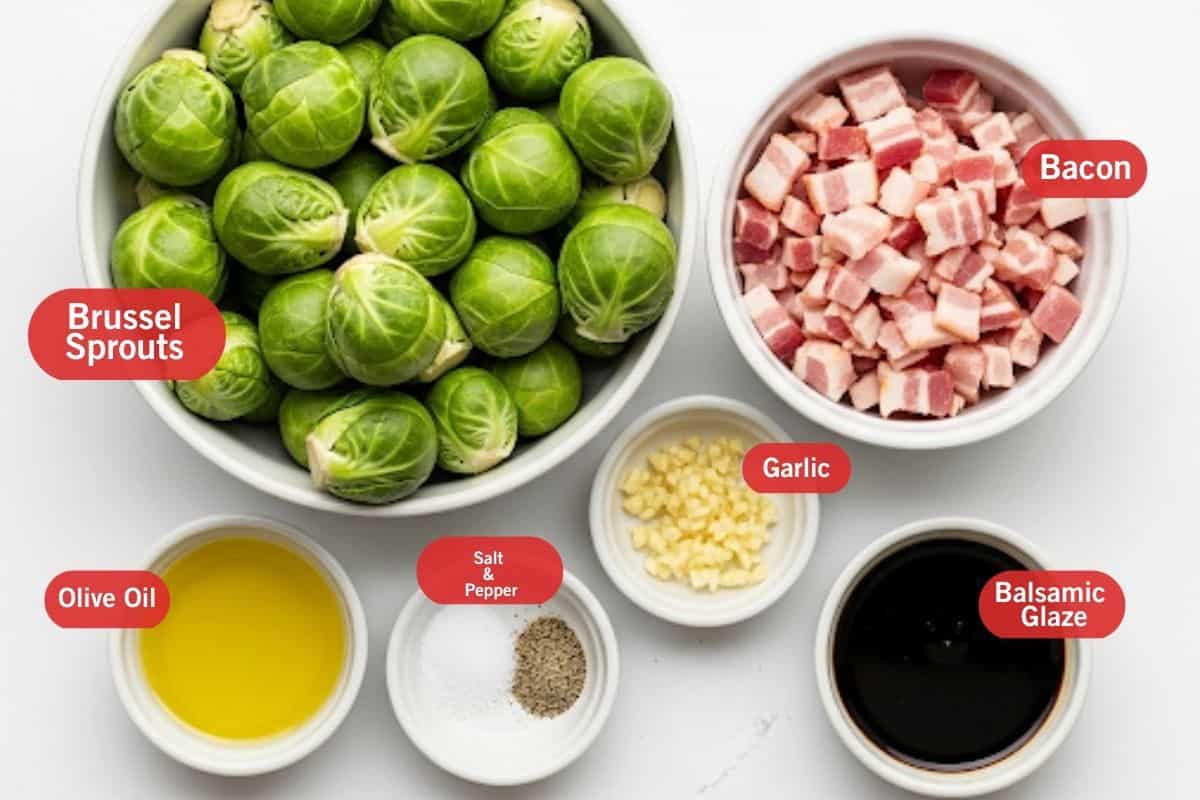 Flat lay photo of ingredient shot of brussel sprouts, bacon, olive oil, salt and pepper, garlic, balsamic glaze.
