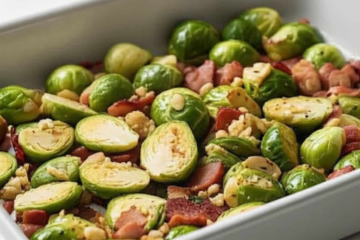 Place the sprouts, bacon, and garlic on the pan.