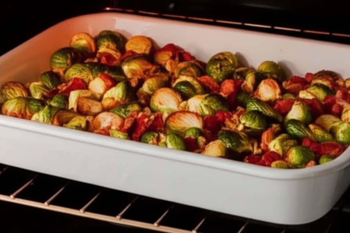 Roast for 25-30 minutes, turning halfway, until sprouts are tender and the bacon is crispy.