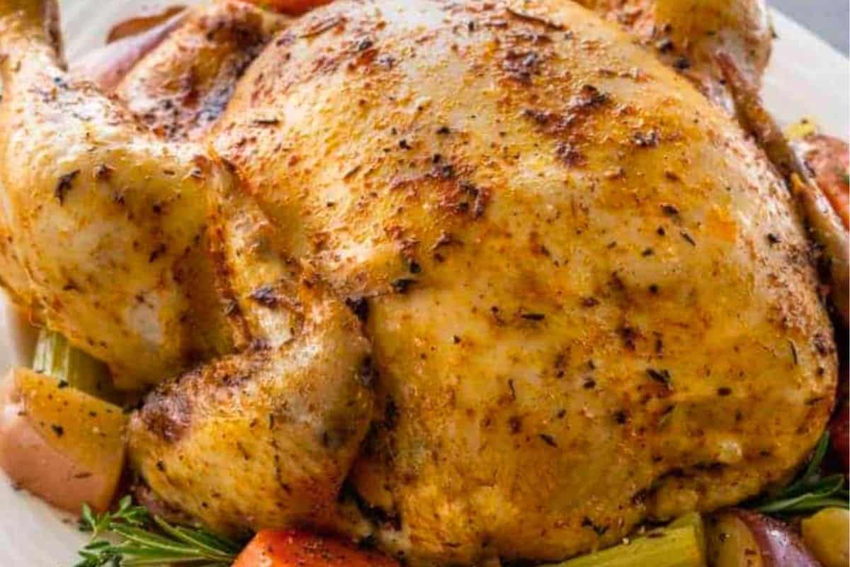 Let the chicken rest for 15 minutes before carving, then transfer the vegetables to a platter