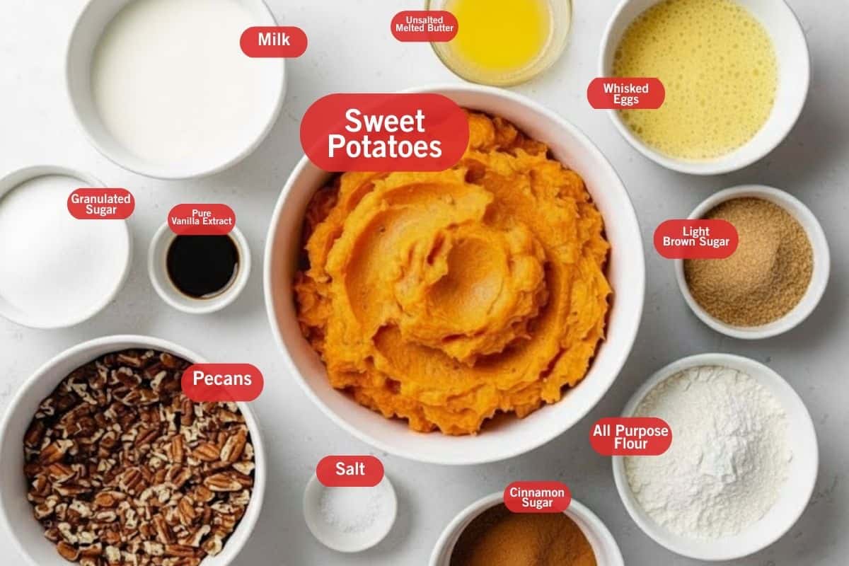 Flat lay of ingredient shot of milk. granulates sugar, pure vanilla extract, pecans, salt, sweet potatoes, all purpose flour, light brown sugar, unsalted melted butter, whisked eggs