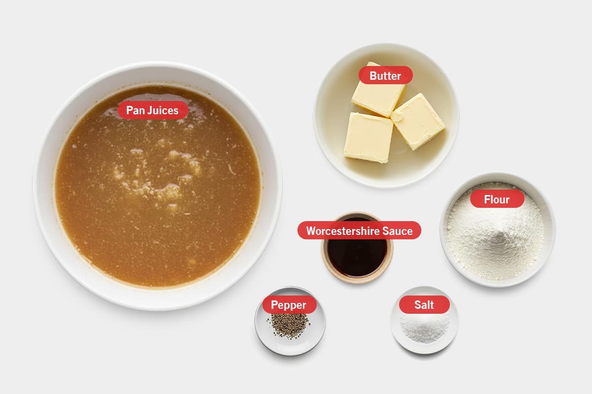 Top shot of ingredients: Pan juices, butter, Worcestershire sauce, flour, pepper, and salt.