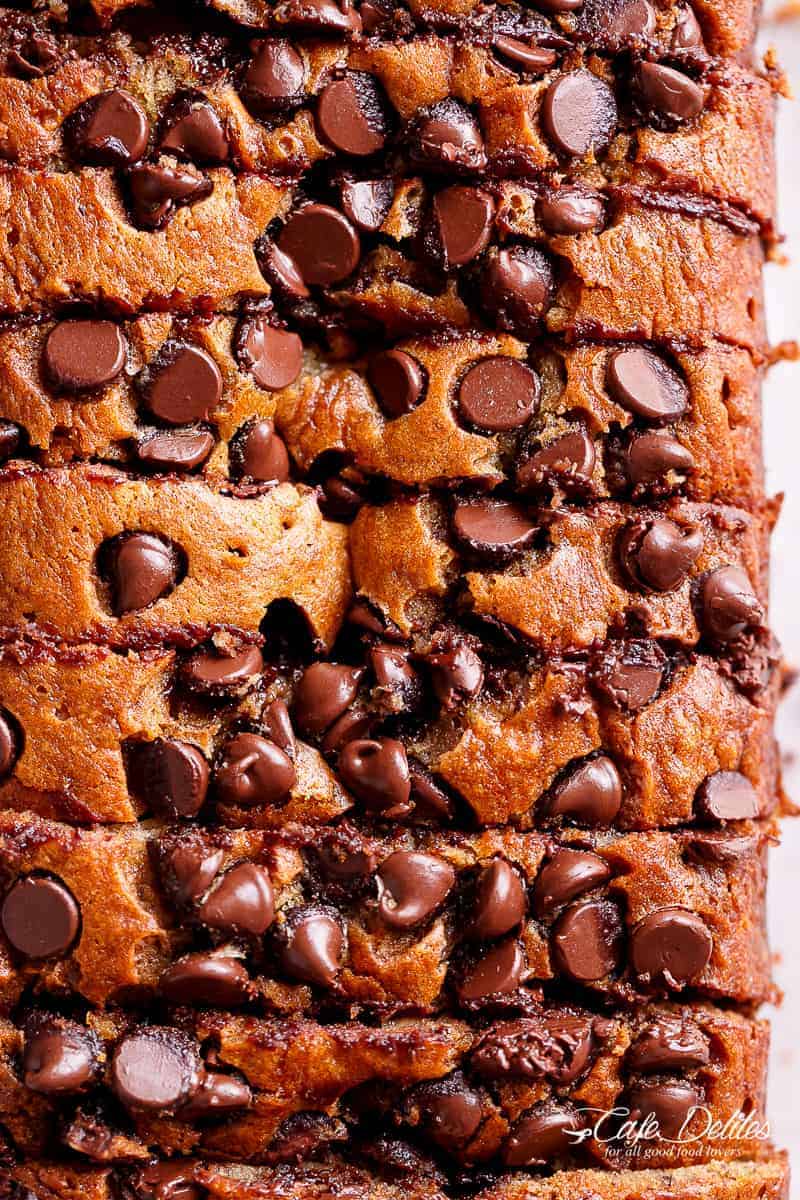 Image of perfectly moist banana bread with chocolate chips on top.