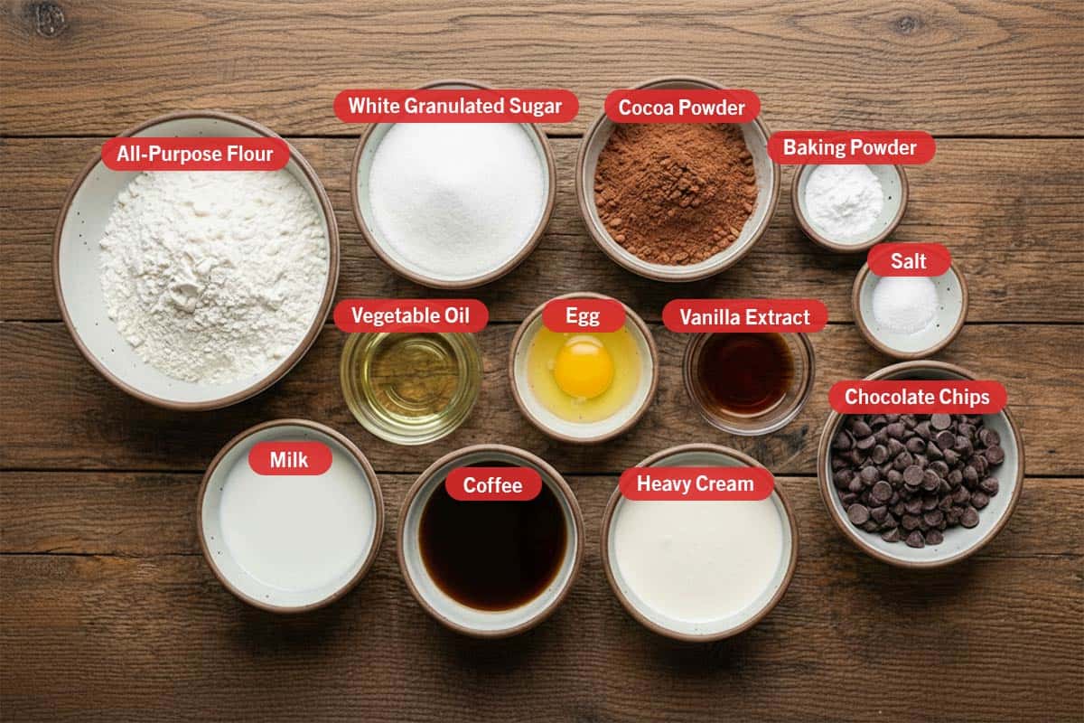 Top shot of ingredients: all-purpose flour, white granulated sugar, cocoa powder, baking powder, vegetable oil, egg, vanilla extract, salt, chocolate chips, milk, coffee, heavy cream.