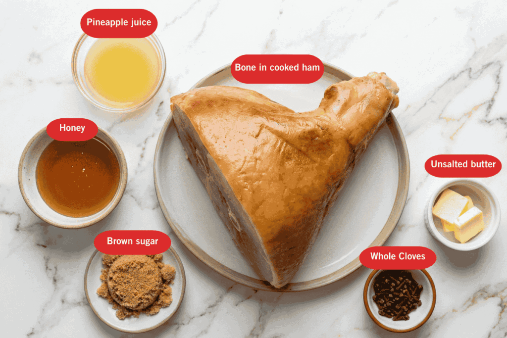 A top down view of all the ingredients needed to make honey baked ham in bowls and plates with a large bone in ham in the middle