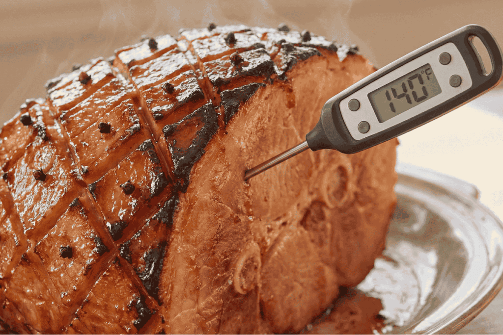 a cooked ham side profile with a thermometer sticking out at the centre of the cut leg, it reads 140 and the ham is steaming hot