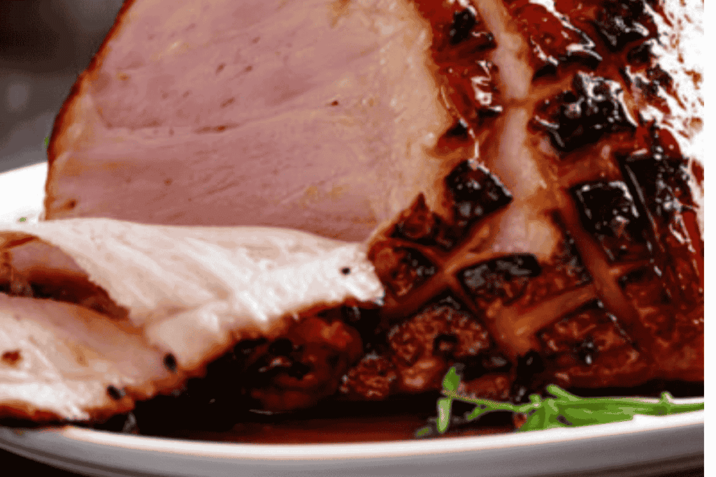 close up shot of the ham, side profile showing the slices on a plate with some green leaves on the bottom of the plate and glaze dripping