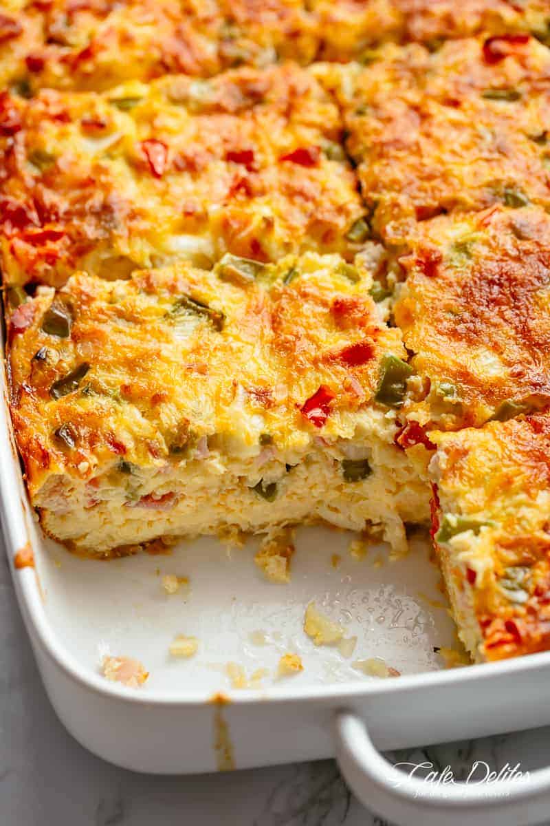 Easy Breakfast Casserole with shredded potato hash browns, sausage or bacon and mozzarella cheese! | cafedelites.com
