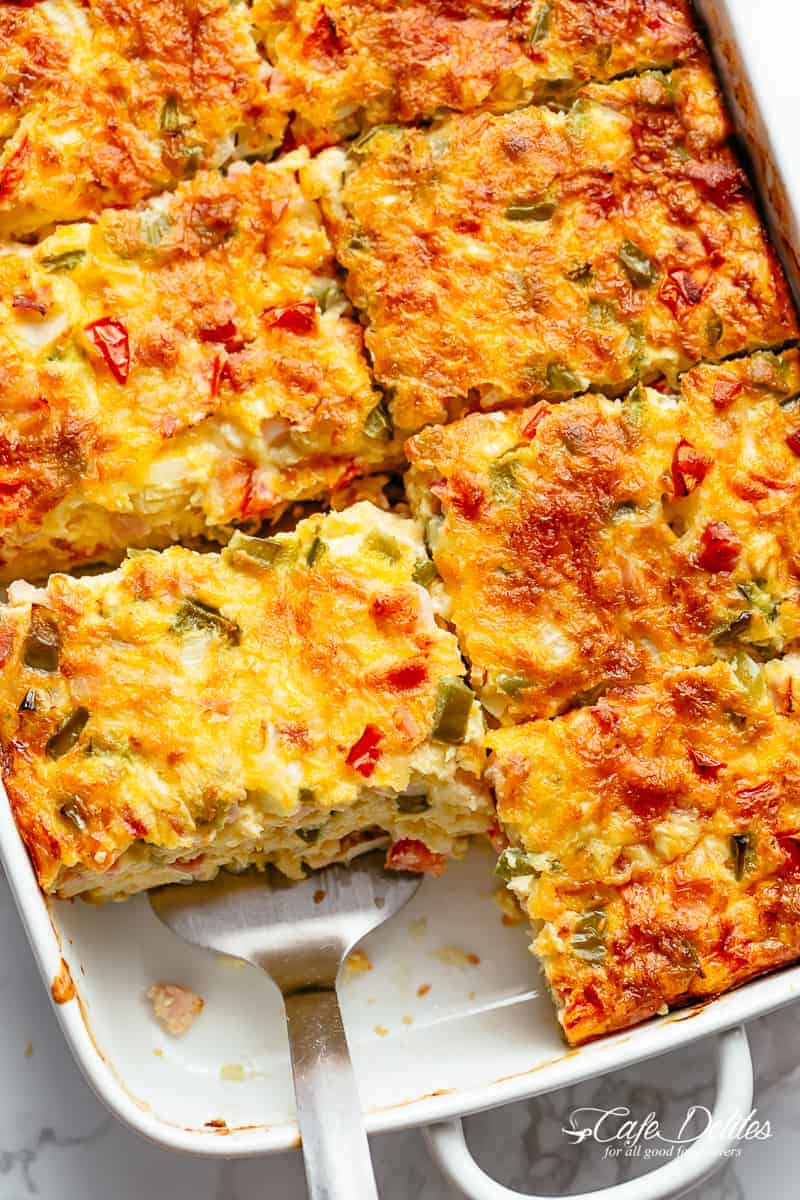 Breakfast Casserole with shredded potato hash browns, sausage, bacon and mozzarella cheese! | cafedelites.com