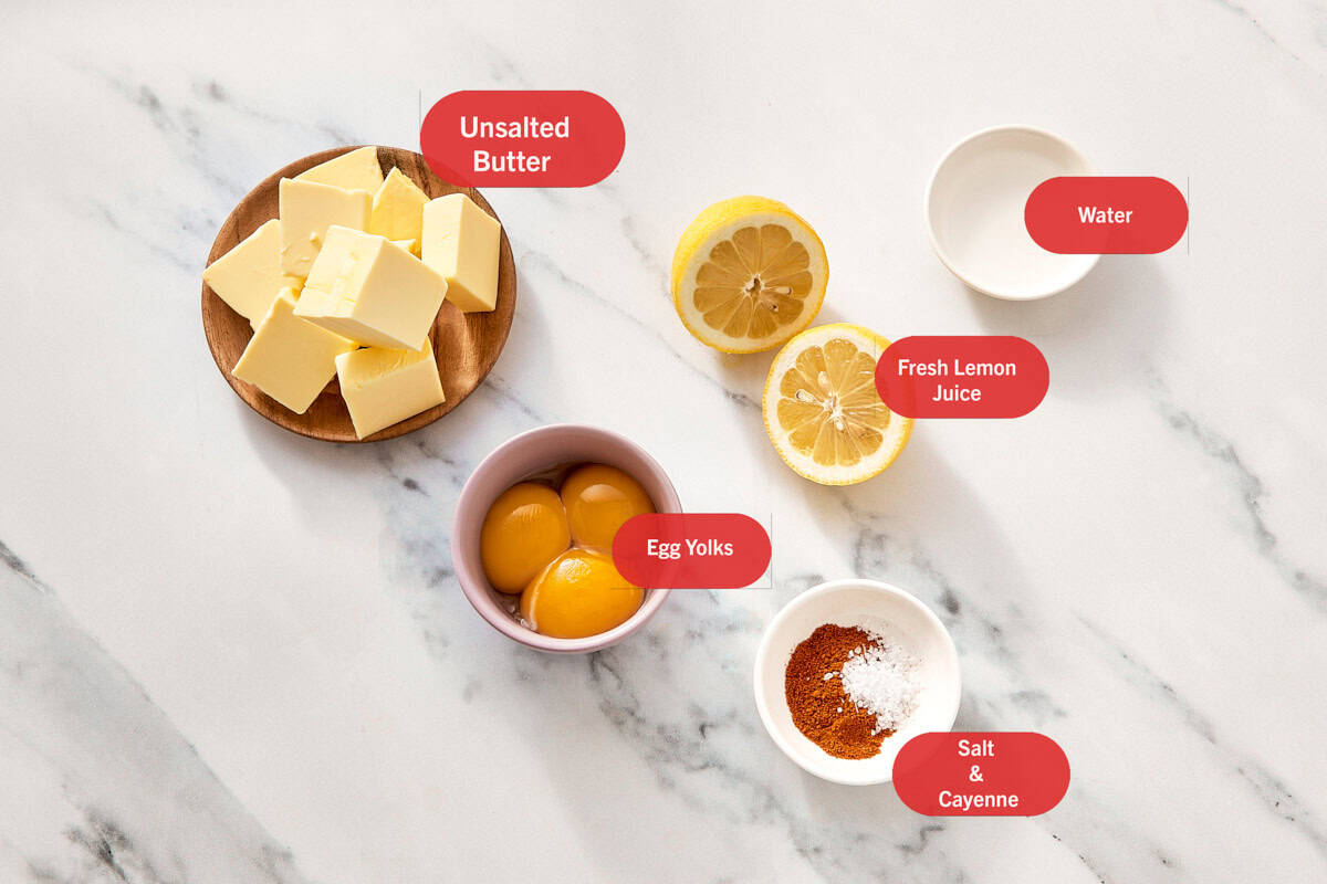 Top-down view of Hollandaise sauce ingredients labeled.