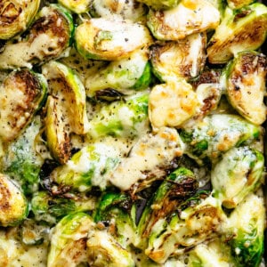 Cheesy Garlic Roasted Brussels Sprouts caramelized and topped with melted mozzarella cheese