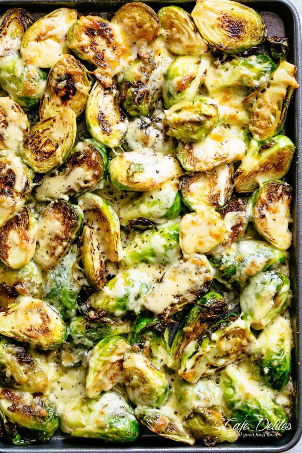 Cheesy garlic roasted brussels sprouts cafe delites