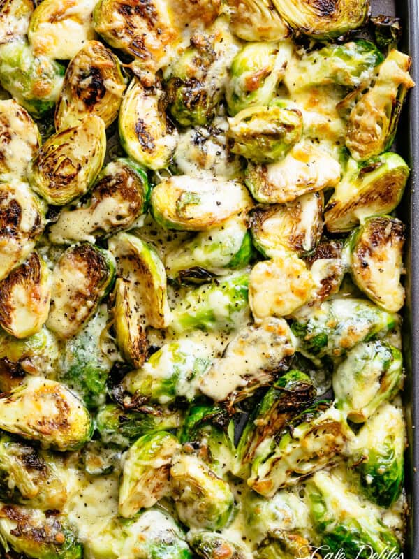 Cheesy Garlic Roasted Brussels Sprouts Recipe caramelized and topped with melted mozzarella cheese!