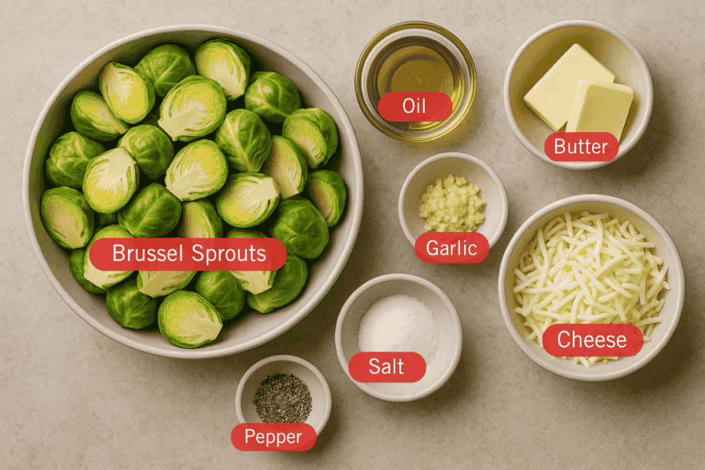 Labeled flatlay photo of ingredients for Cheesy Brussels Sprouts. A large bowl of halved Brussels sprouts is surrounded by smaller bowls containing olive oil, butter, minced garlic, shredded cheese, salt, and cracked black pepper.