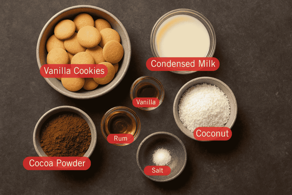 Ingredients for Chocolate Rum Balls, arranged in separate bowls on a dark surface. Ingredients include vanilla cookies, sweetened condensed milk, cocoa powder, desiccated coconut, rum, vanilla extract, and a pinch of salt.