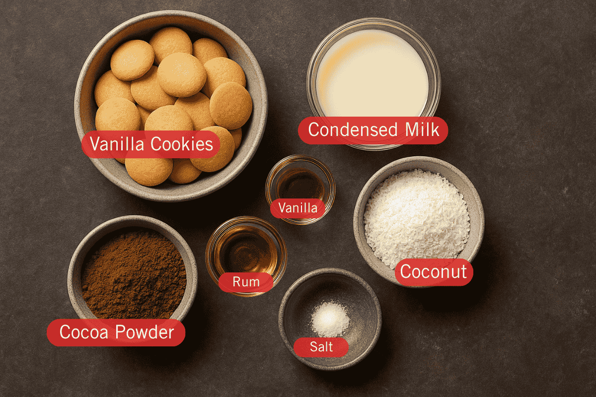 Ingredients for Chocolate Rum Balls, arranged in separate bowls on a dark surface. Ingredients include vanilla cookies, sweetened condensed milk, cocoa powder, desiccated coconut, rum, vanilla extract, and a pinch of salt.