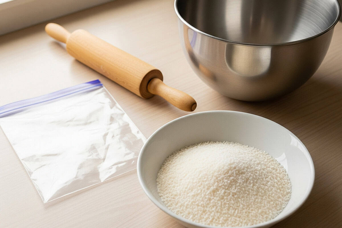 Ziplock bag and rolling pin, a large mixing bowl, and a shallow bowl with ¾ cup of coconut for rolling on a table top.