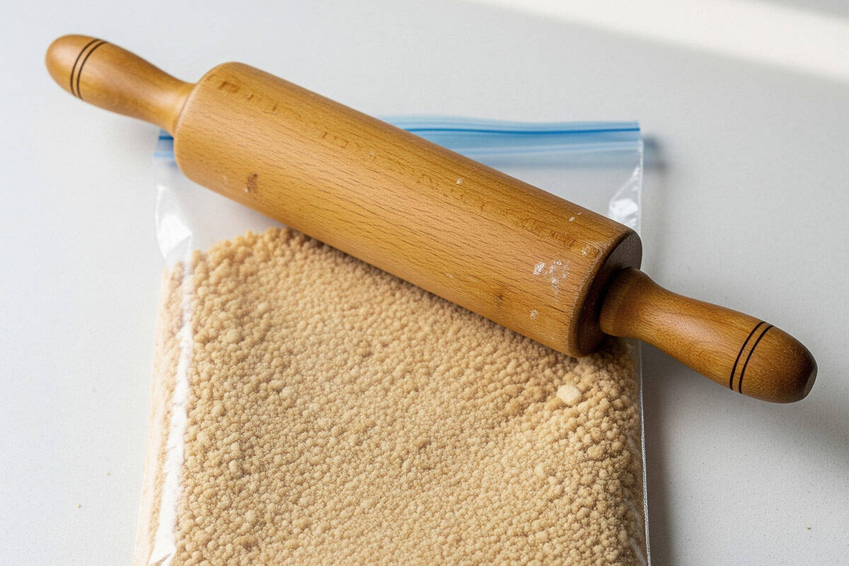 Top view of ziplock bag with a crushed cookies on a light surface and a rolling pin on the top.