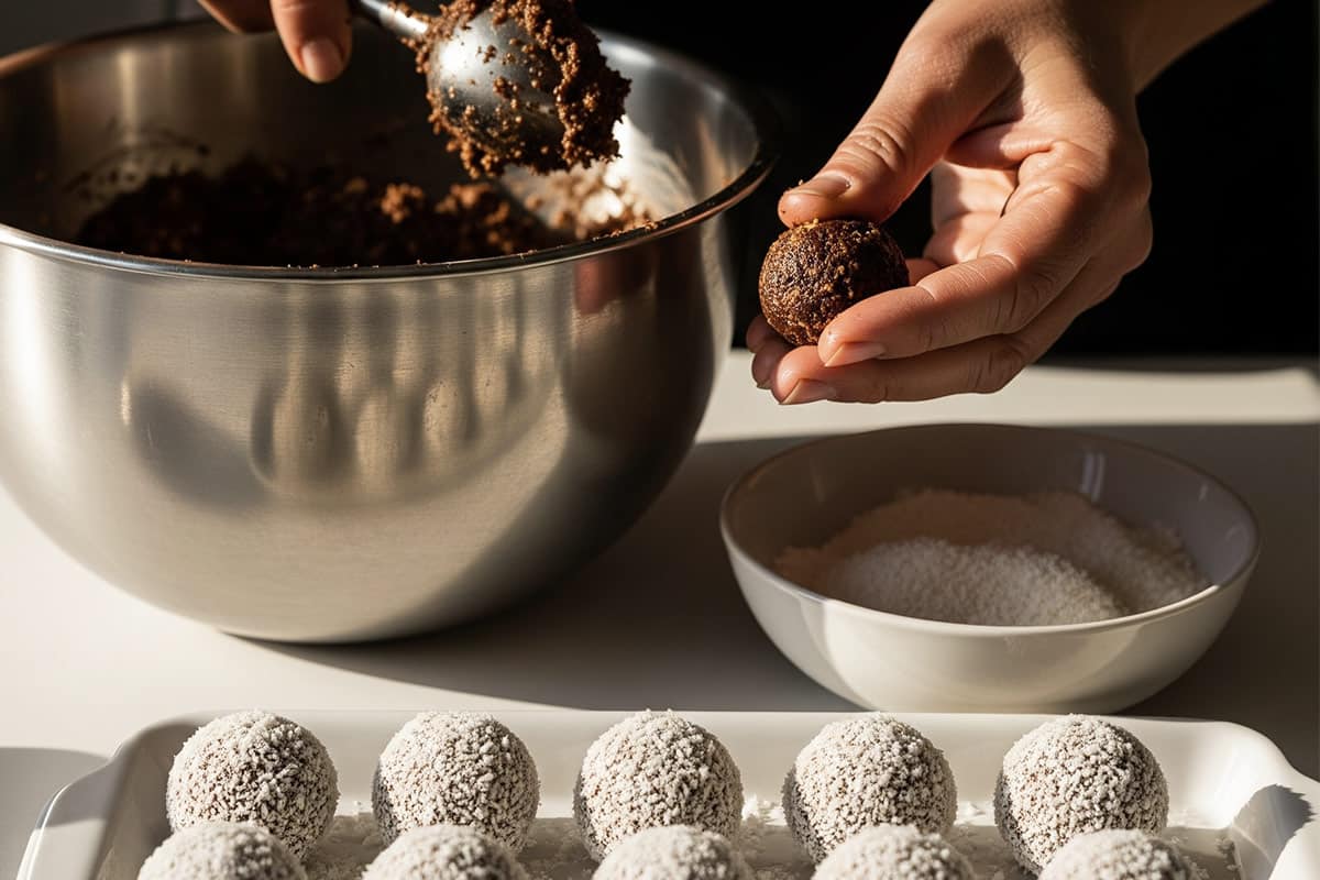 Chocolate rum balls covered with coconut on a white plate. A large mixing bowl, a plate with coconut and a scoop of mixture on a hand.