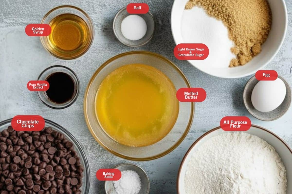 Flat lay photo of ingredient shot of golden syrup, salt, light and brown sugar, melted butter, egg, all purpose flour, baking soda, pure vanilla extract, chocolate chips